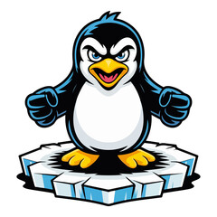 Obraz premium Angry Penguin Mascot Standing on Iceberg Vector Illustration Featuring Fierce Expression and Bold Cartoon Style for Sports Logos and Branding