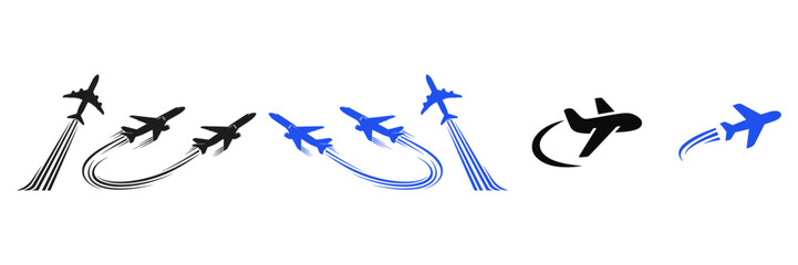 Vector art of flying plane with trail symbol, aeroplane icon with trace path, flight, travel, fly, jet, aircraft, aeroplane.Collection of airplane icon and silhouette with flight trail. © Mondil biswas