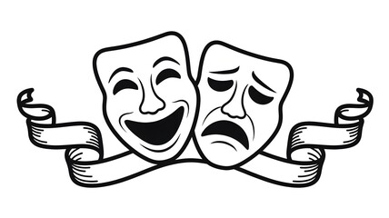 Classic comedy and tragedy theater masks with ribbon
