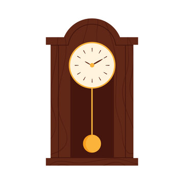 Antique wall hanging clock with dial and ticking golden pendulum to measure time vector illustration