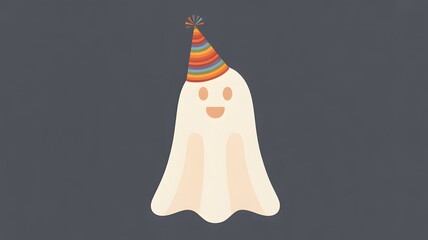 Cute cartoon ghost wearing a colorful striped party hat on a dark background