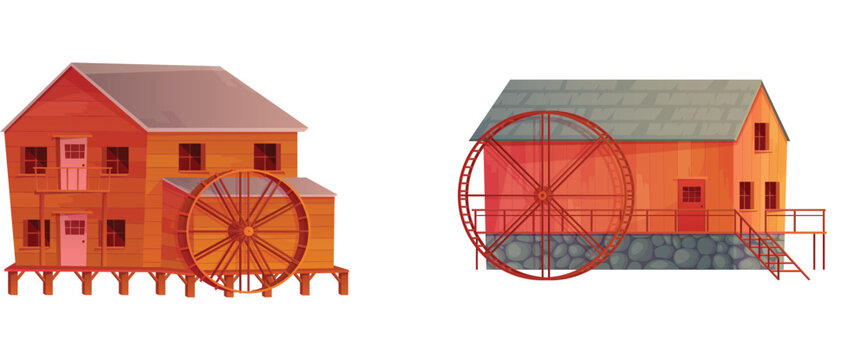 Old wooden and stone water mill building with waterwheel in village vector illustration