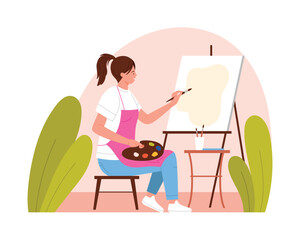 Woman painting with brush on canvas, artist holding palette vector illustration