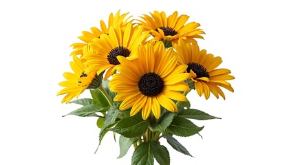 Obraz premium Bright Yellow Sunflower Bouquet with Green Leaves on White Background