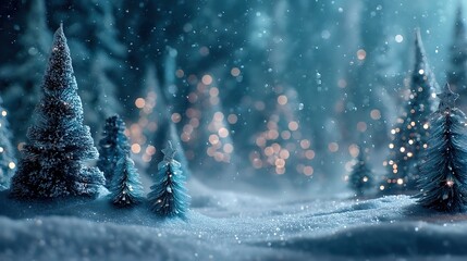 A winter wonderland with assorted blue Christmas trees in snow, featuring star toppers on some, a dense forest in the blurred background, falling snowflakes, and warm bokeh light spots