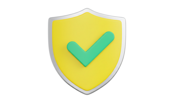 3D Yellow Protection Shield with Green Check Mark Icon