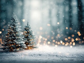 Two snow-covered Christmas trees adorned with warm yellow string lights stand in the foreground, with a blurred forest and bokeh light spots in the background creating a serene