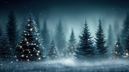 A serene row of tall fir trees covered in snow and glittering with golden lights creates a majestic scene in a misty forest during a gentle snowfall, evoking a cold yet magical Christmas wonderland