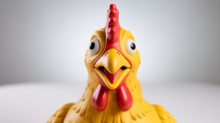 Close up of a bright yellow rubber chicken with a comical expression