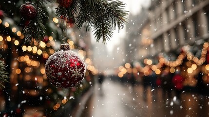 A close-up of a snow-laden pine branch featuring red ornaments with white snowflake patterns, set against the soft bokeh of a city street with glowing lights during snowfall