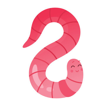 Cute happy pink worm crawling with cheerful expression in hook shape pose vector illustration