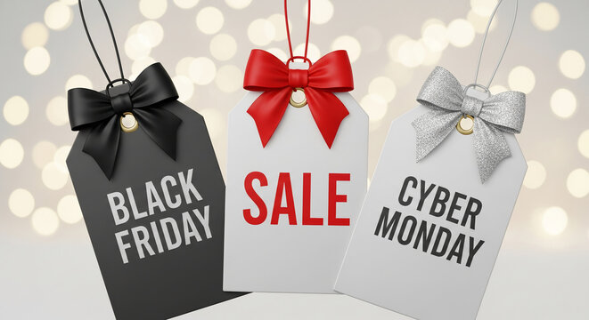 Three tags with bows display "Black Friday", "Sale", and "Cyber Monday", representing promotional campaigns and shopping events on holiday season