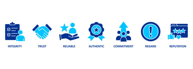 credibility, reputation and trust concept. Banner with vector illustration icons and keywords