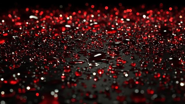 A close-up view of a dark surface covered in glistening red droplets and blurred bokeh