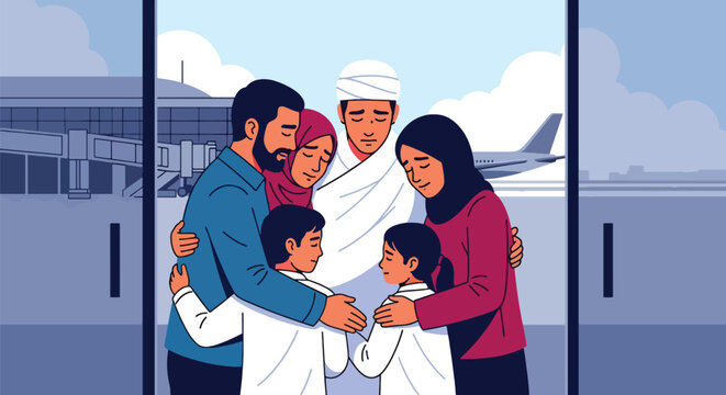 Heartwarming scene of family saying farewell to pilgrim before Hajj journey. Ideal for spiritual travel themes, Islamic family illustrations, and religious storytelling