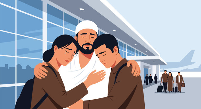 Heartwarming scene of family saying farewell to pilgrim before Hajj journey. Ideal for spiritual travel themes, Islamic family illustrations, and religious storytelling