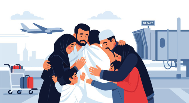 Heartwarming scene of family saying farewell to pilgrim before Hajj journey. Ideal for spiritual travel themes, Islamic family illustrations, and religious storytelling