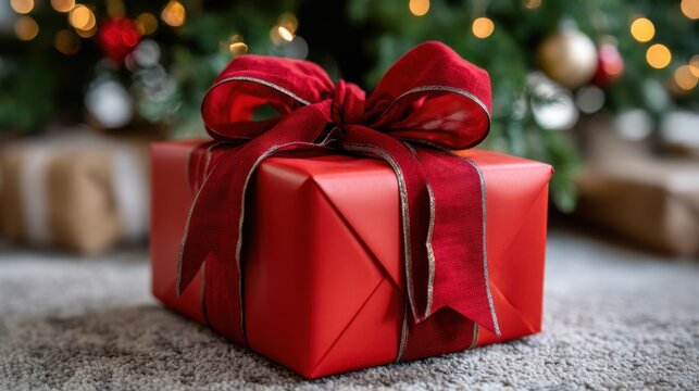 A wrapped red present with a velvet ribbon and bow sits near a Christmas tree. More wrapped presents are visible in the background