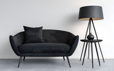 Cozy Black Loveseat and Lamp Against White Wall
