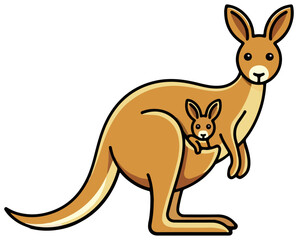 Cute Cartoon Kangaroo with Baby in Pouch – Adorable Joey and Mother Kangaroo Vector Illustration, Australian Wildlife Clipart, Animal Icons, and Children’s Character Design, 