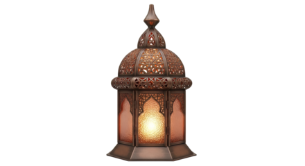 Ornate bronze moroccan lantern with intricate designs and warm glowing light perfect for home decor and creating an exotic atmosphere on transparent background