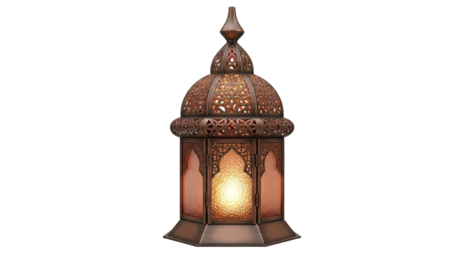 Ornate bronze moroccan lantern with intricate designs and warm glowing light perfect for home decor and creating an exotic atmosphere on transparent background