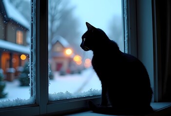Silhouette of Black Cat and Frosted Window with Snowy Christmas Scene