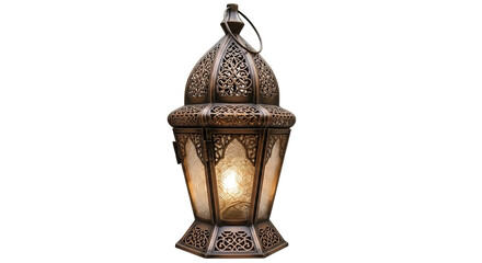 Ornate metal lantern with intricate filigree design and warm glowing light perfect for Ramadan Eid or adding exotic ambiance to decor on transparent background