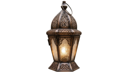 Ornate metal lantern with intricate filigree design and warm glowing light perfect for Ramadan Eid or adding exotic ambiance to decor on transparent background