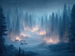 A magical Christmas sleigh ride through a snowy forest, with reindeer pulling the sled past tall snow-laden pine trees adorned with warm yellow glowing lights under a serene blue winter sky