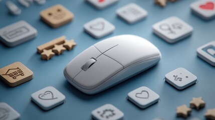 Computer mouse displaying brand loyalty icons near laptop on wooden desk represents building customer trust and satisfaction online