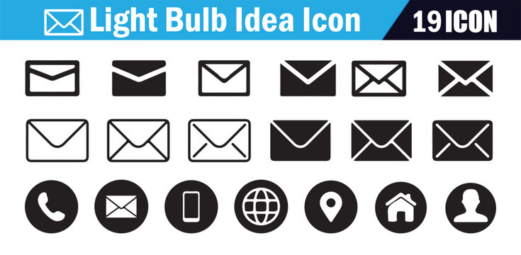 Set of black and white email icons, phone, global, home, and profile symbols on white background
