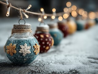 A close-up composition of assorted Christmas ornaments with a prominent blue glass ball featuring handmade snowflakes, suspended by jute twine against a background of soft bokeh lights