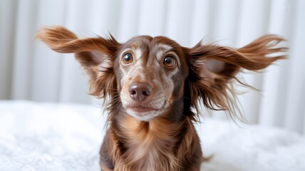 Funny dachshund dog with ears flying while looking directly at camera
