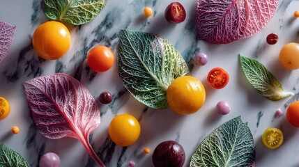 Fresh fruit flat lay composition of grapefruit, kiwi, strawberry, orange and lime on white marble table background with palm leaves, minimalist food concept