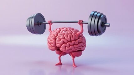 Human brain lifting heavy barbell symbolizing mental strength and cognitive fitness