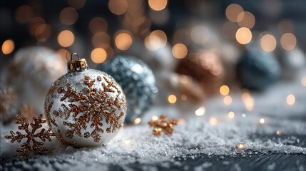 A detailed close-up of a white Christmas ornament with intricate brown snowflake patterns, placed on a snowy surface against a dreamy bokeh background of warm golden lights