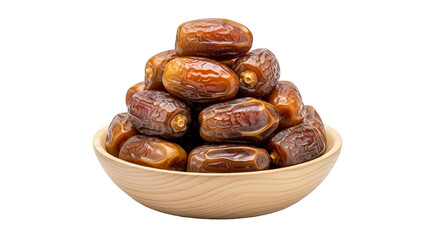 Pile of delicious fresh dates in a light wooden bowl showcasing their natural sweetness and healthy snack appeal on transparent background