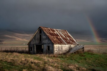 Old Weathered Barn Amidst the Cloudy Sky Displaying Rainbow