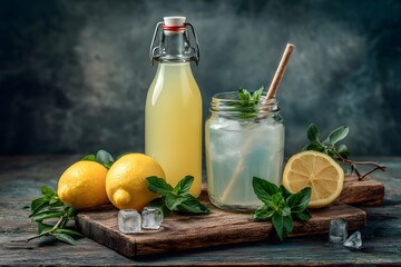 Refreshing Homemade Lemonade with Mint and Ice Cubes