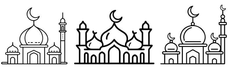 Mosque Vector Icon Set – Islamic Mosque Silhouettes, Religion Landmarks, Muslim Architecture Symbols, Ramadan and Eid Illustration Pack, Islamic Building Designs on White Background