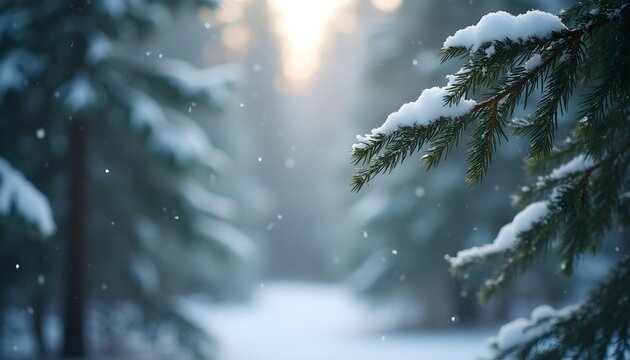 A wide shot of a majestic pine forest in winter, covered in untouched snow. The crisp morning light highlights the textures of the snow and trees, while a gentle snowfall adds movement. 