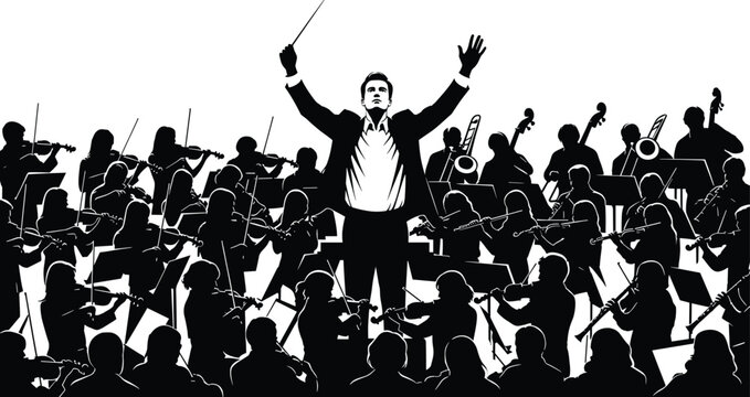 Orchestra silhouette vector with conductor and musicians performing classical instruments, ideal for music, concert, harmony, and artistic design themes