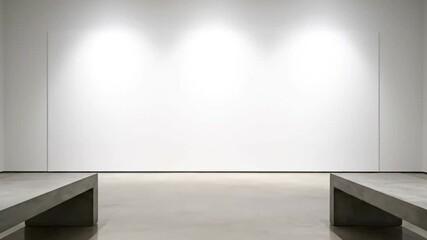 An empty contemporary gallery space features two concrete benches against a white wall. - Powered by Adobe