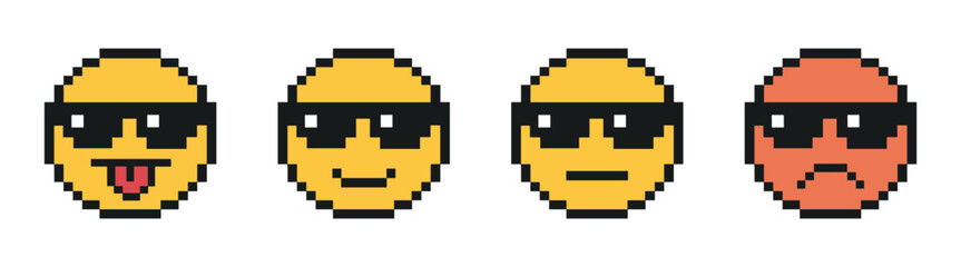 Obraz premium Pixel sunglasses emoji set with different emotions in retro style on transparent background.