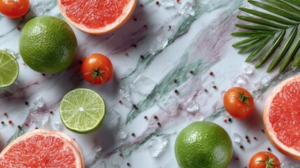 Fresh fruit flat lay composition of grapefruit, kiwi, strawberry, orange and lime on white marble table background with palm leaves, minimalist food concept