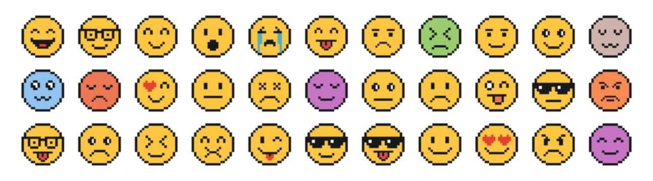 Big pixel emoji face collection with cartoon expressions in retro video game style on transparent background.