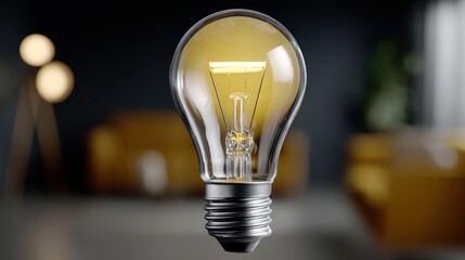 A clear light bulb is illuminated in a room with blurred background details like seating, a lamp, and house plants. Lighting casts soft shadows
