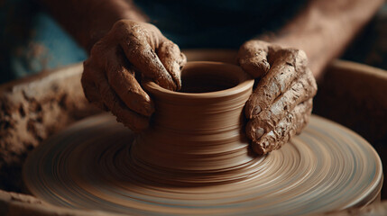 Artisan hands skillfully shaping wet clay into ceramic pot on spinning pottery wheel close up view