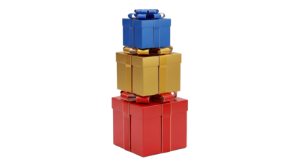Stacked gifts in red gold and blue colors with matching bows perfect for christmas birthdays and special occasions celebrations on transparent background